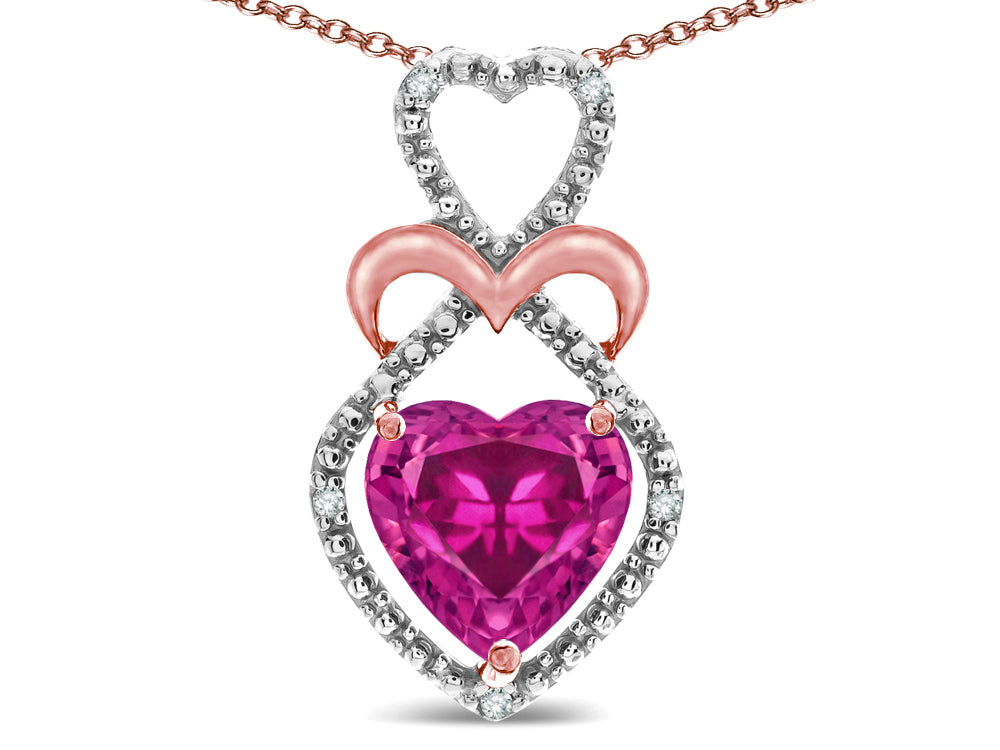 Star K Heart Shape 8mm Simulated Pink Tourmaline Heart Halo Embrace Pendant Necklace