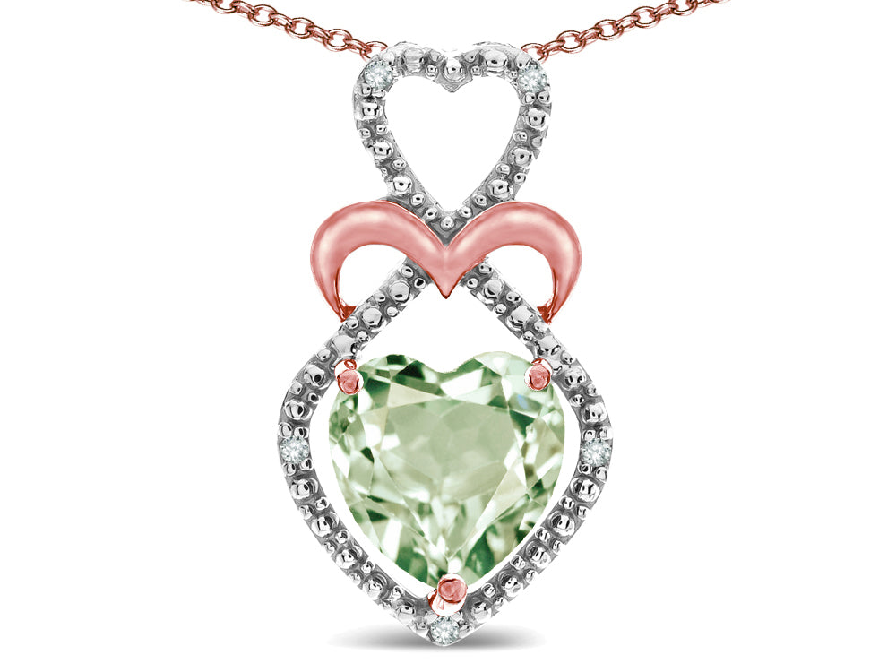 Star K 10k Gold Heart Shape 8mm Genuine Green Amethyst Heart Halo Embrace Pendant Necklace