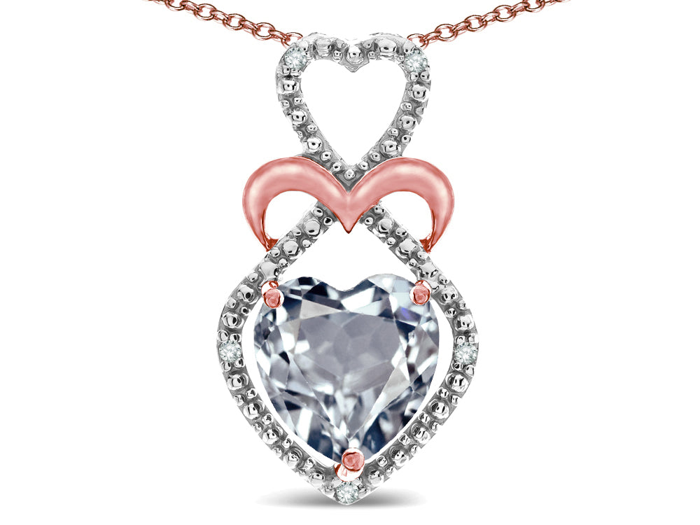 Star K 10k Gold Heart Shape 8mm Genuine Aquamarine Heart Halo Embrace Pendant Necklace