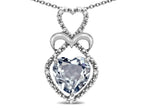 Star K 10k Gold Heart Shape 8mm Genuine Aquamarine Heart Halo Embrace Pendant Necklace