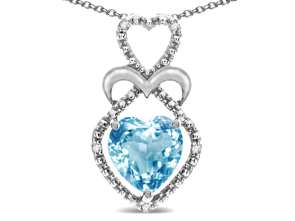 Star K 10k Gold Heart Shape 8mm Genuine Sky Blue Topaz Heart Halo Embrace Pendant Necklace