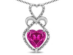 Star K 10k Gold Heart Shape 8mm Simulated Pink Tourmaline Heart Halo Embrace Pendant Necklace