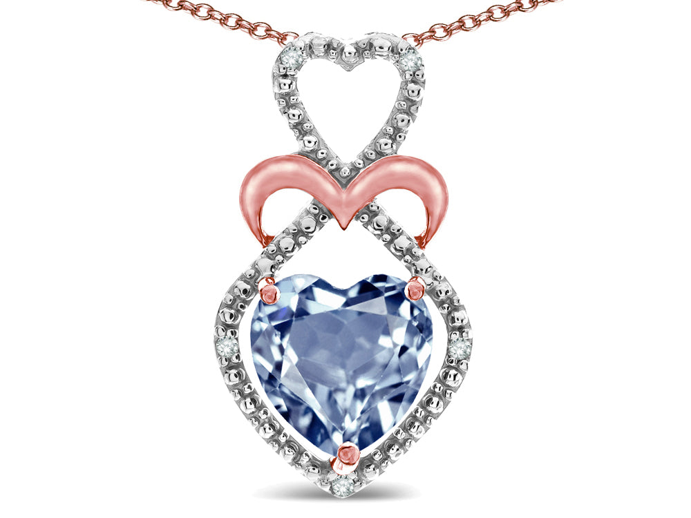 Star K 10k Gold Heart Shape 8mm Simulated Aquamarine Heart Halo Embrace Pendant Necklace