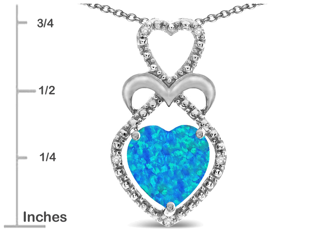 Star K 10k Gold Heart Shape 8mm Blue Created Opal Heart Halo Embrace Pendant Necklace