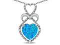 Star K 10k Gold Heart Shape 8mm Blue Created Opal Heart Halo Embrace Pendant Necklace