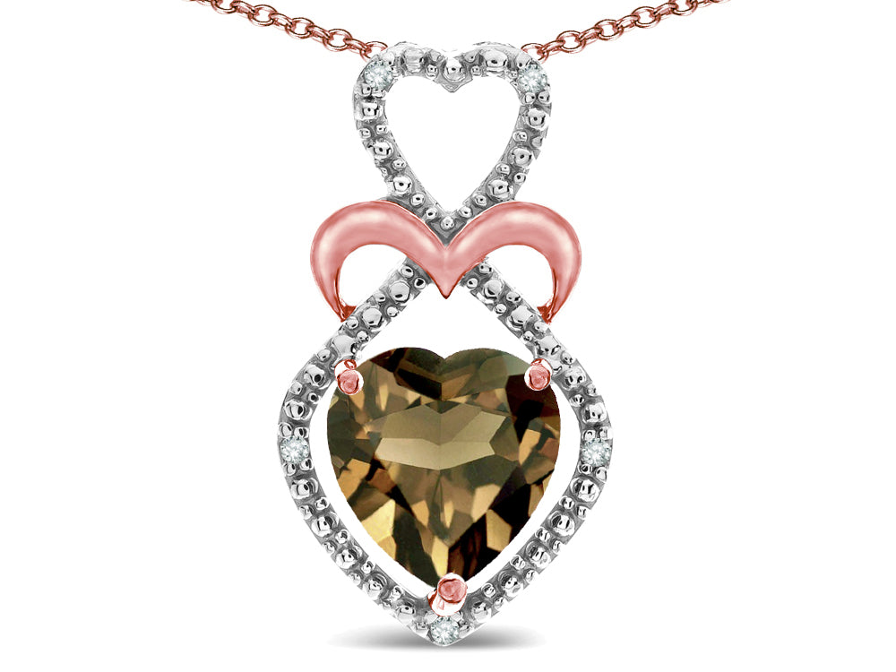 Star K 10k Gold Heart Shape 8mm Genuine Smoky Quartz Heart Halo Embrace Pendant Necklace