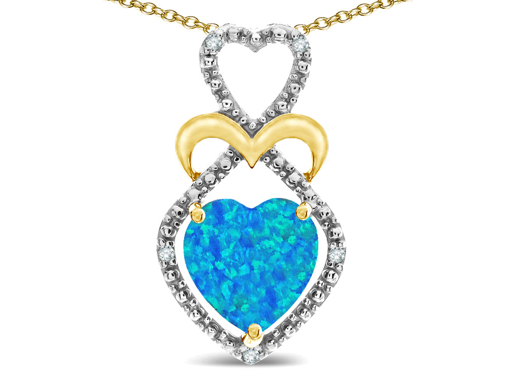 Star K Heart Shape 8mm Blue Created Opal Heart Halo Embrace Pendant Necklace 14k Gold Rhodium Finish