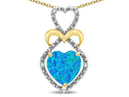 Star K Heart Shape 8mm Blue Created Opal Heart Halo Embrace Pendant Necklace 14k Gold Rhodium Finish