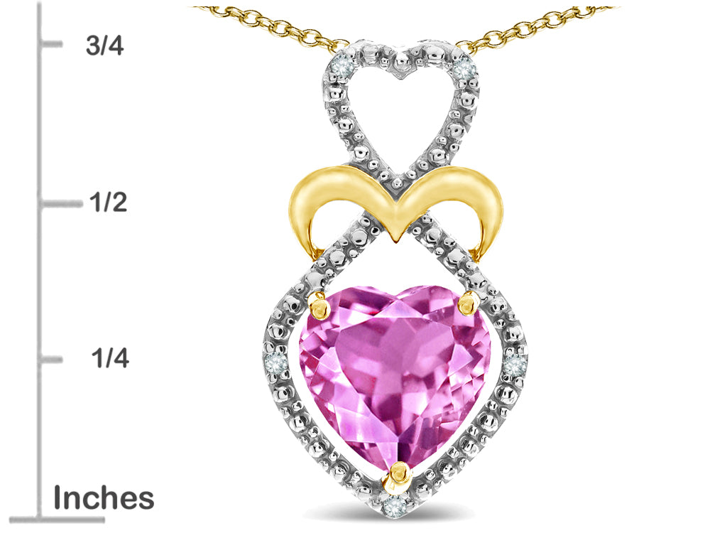 Star K Heart Shape 8mm Created Pink Sapphire Heart Halo Embrace Pendant Necklace 10k Yellow Gold Rhodium