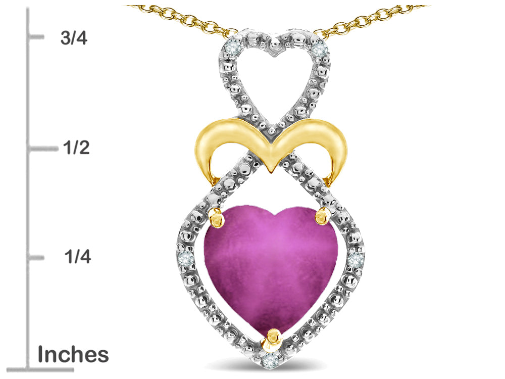 Star K Heart Shape 8mm Created Star Ruby Heart Halo Embrace Pendant Necklace 10k Yellow Gold with Rhodium Finish