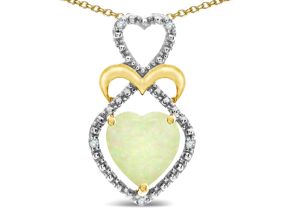 Star K Heart Shape 8mm Opal Heart Halo Embrace Pendant Necklace 10k Yellow Gold with Rhodium Finish