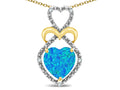 Star K Heart Shape 8mm Blue Created Opal Heart Halo Embrace Pendant Necklace 10k Yellow Gold with Rhodium Finish