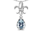 Star K  Pear Shape 8x6mm Genuine Aquamarine Fleur De Lis Pendant Necklace 14k White Gold