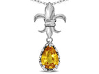 Star K  Pear Shape 8x6mm Genuine Citrine Fleur De Lis Pendant Necklace 14k White Gold