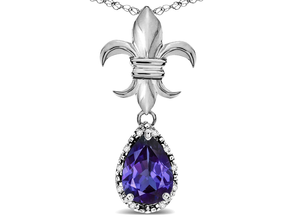 Star K  Pear Shape 8x6mm Genuine Iolite Fleur De Lis Pendant Necklace 14k White Gold