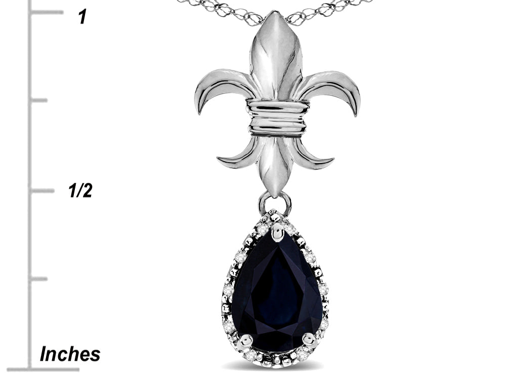 Star K  Pear Shape 8x6mm Genuine Black Sapphire Fleur De Lis Pendant Necklace 14k White Gold