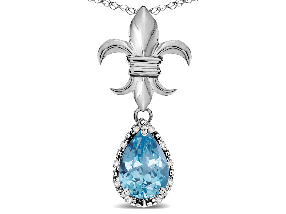 Star K  Pear Shape 8x6mm Simulated Aquamarine Fleur De Lis Pendant Necklace 14k White Gold