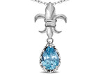 Star K  Pear Shape 8x6mm Simulated Aquamarine Fleur De Lis Pendant Necklace 14k White Gold