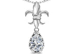 Star K  Pear Shape 8x6mm Genuine White Topaz Fleur De Lis Pendant Necklace 14k White Gold