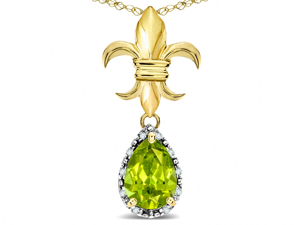 Star K  Pear Shape 8x6mm Genuine Peridot Fleur De Lis Pendant Necklace 14k Yellow Gold