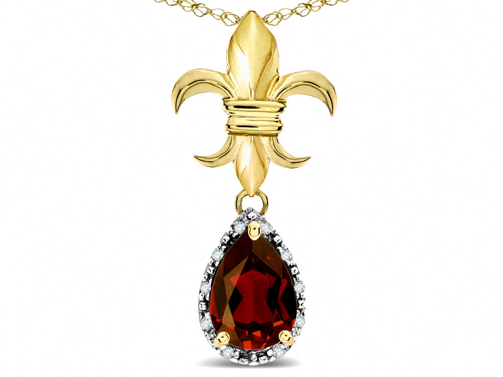 Star K  Pear Shape 8x6mm Genuine Garnet Fleur De Lis Pendant Necklace 14k Yellow Gold
