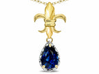 Star K  Pear Shape 8x6mm Created Sapphire Fleur De Lis Pendant Necklace 14k Yellow Gold