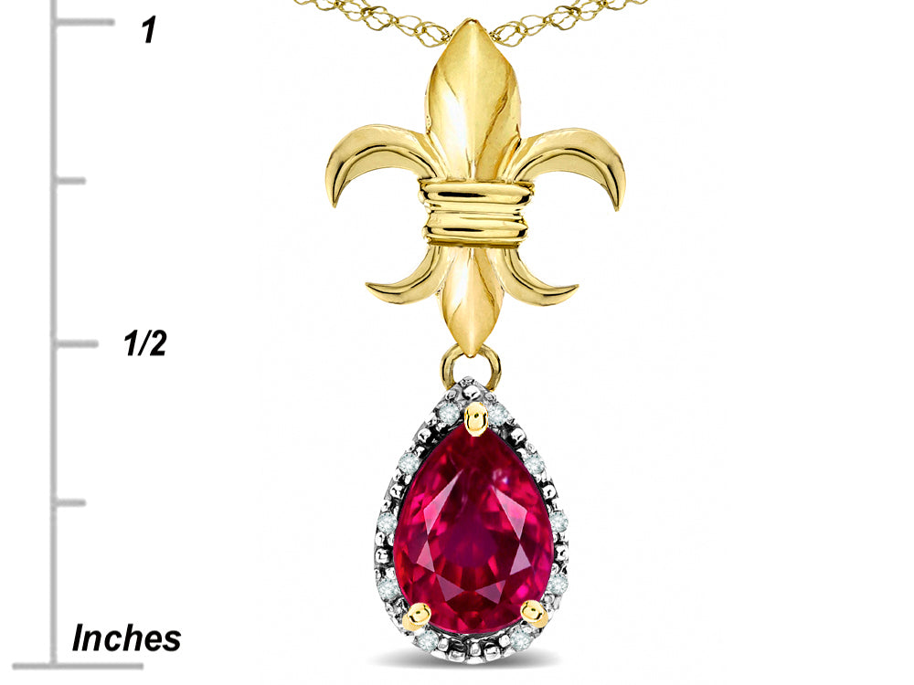 Star K  Pear Shape 8x6mm Created Ruby Fleur De Lis Pendant Necklace 14k Yellow Gold