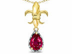 Star K  Pear Shape 8x6mm Created Ruby Fleur De Lis Pendant Necklace 14k Yellow Gold