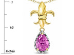 Star K  Pear Shape 8x6mm Created Pink Sapphire Fleur De Lis Pendant Necklace 14k Yellow Gold