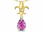 Star K  Pear Shape 8x6mm Created Pink Sapphire Fleur De Lis Pendant Necklace 14k Yellow Gold