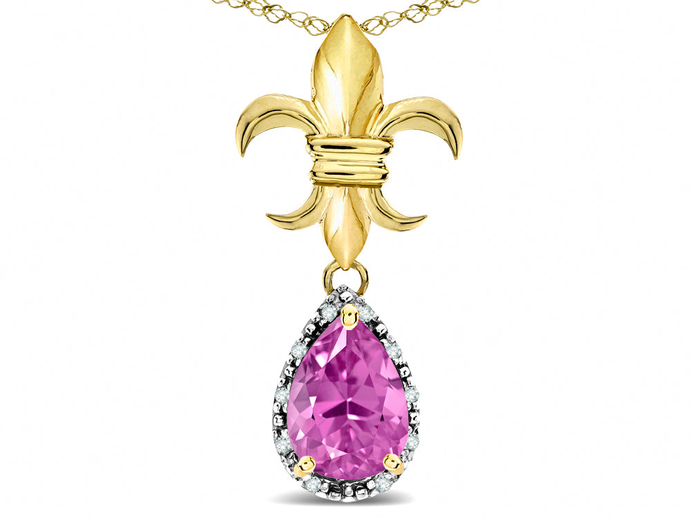 Star K  Pear Shape 8x6mm Created Pink Sapphire Fleur De Lis Pendant Necklace 14k Yellow Gold