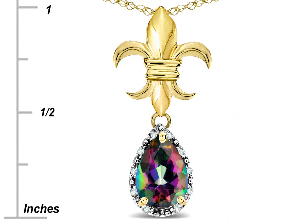 Star K  Pear Shape 8x6mm Rainbow Mystic Topaz Fleur De Lis Pendant Necklace 14k Yellow Gold