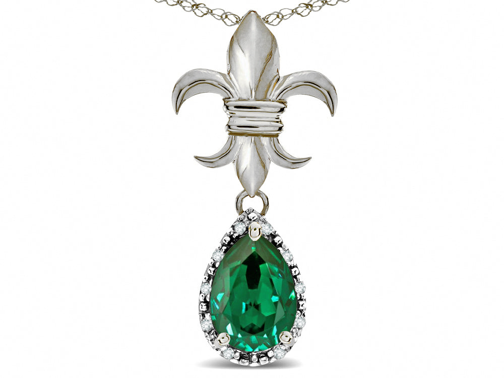 Star K  Pear Shape 8x6mm Simulated Emerald Fleur De Lis Pendant Necklace 14k Yellow Gold