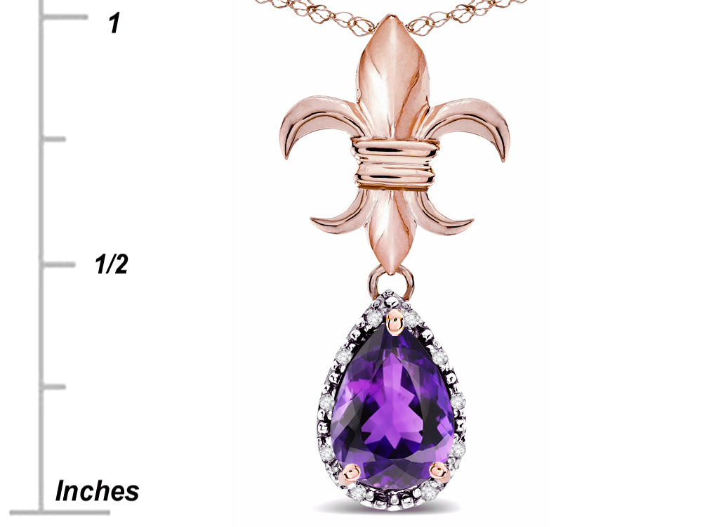 Star K  Pear Shape 8x6mm Genuine Amethyst Fleur De Lis Pendant Necklace 14k Rose Gold