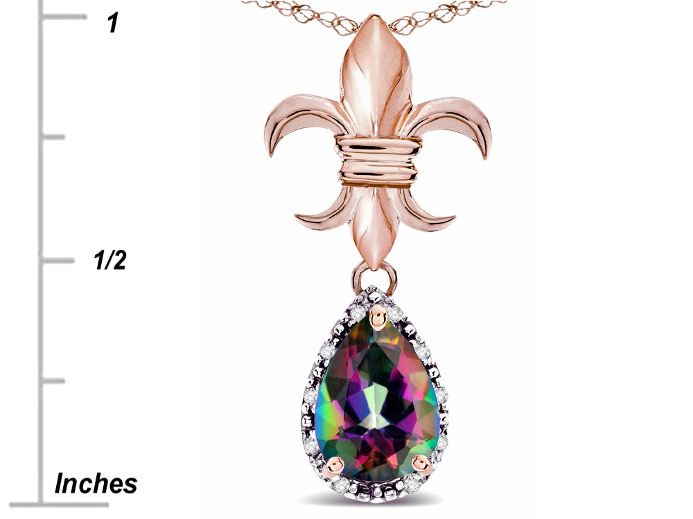 Star K  Pear Shape 8x6mm Rainbow Mystic Topaz Fleur De Lis Pendant Necklace 14k Rose Gold