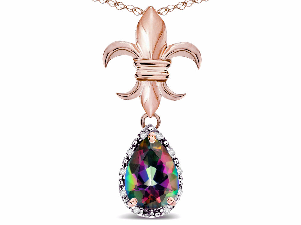 Star K  Pear Shape 8x6mm Rainbow Mystic Topaz Fleur De Lis Pendant Necklace 14k Rose Gold