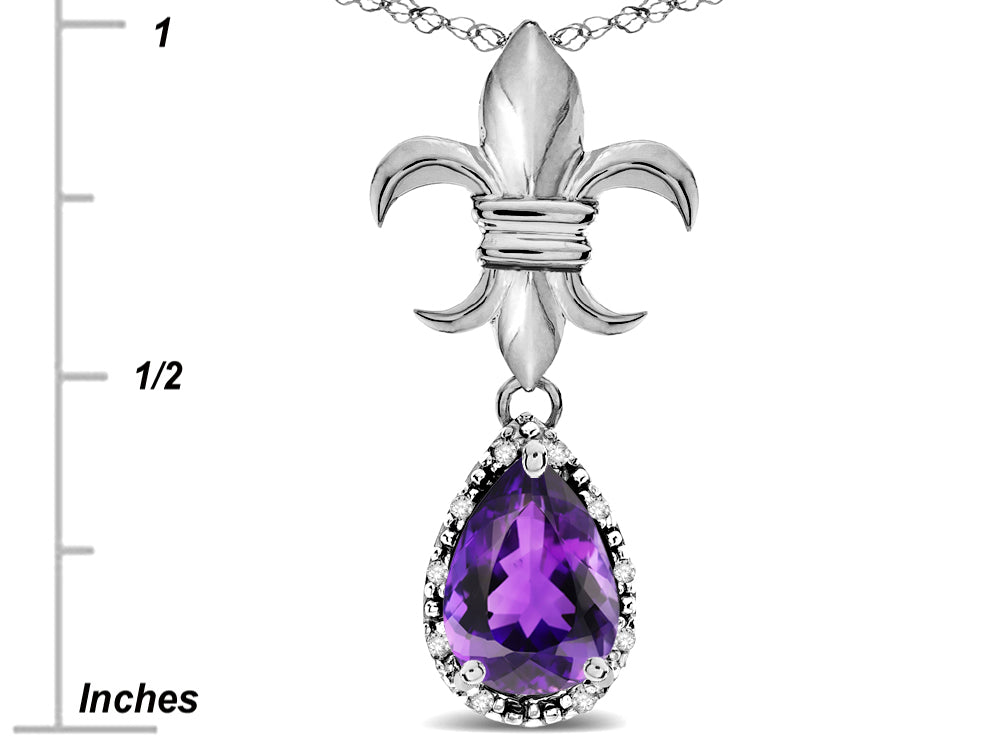 Star K  Pear Shape 8x6mm Genuine Amethyst Fleur De Lis Pendant Necklace 10k White Gold