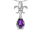 Star K  Pear Shape 8x6mm Genuine Amethyst Fleur De Lis Pendant Necklace 10k White Gold