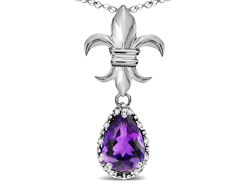 Star K  Pear Shape 8x6mm Genuine Amethyst Fleur De Lis Pendant Necklace 10k White Gold