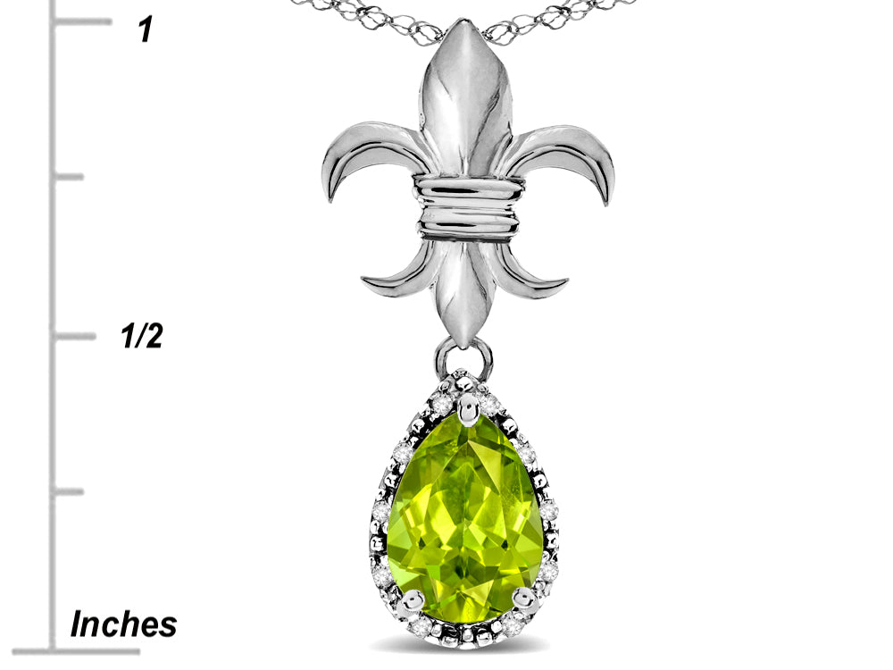 Star K  Pear Shape 8x6mm Genuine Peridot Fleur De Lis Pendant Necklace 10k White Gold