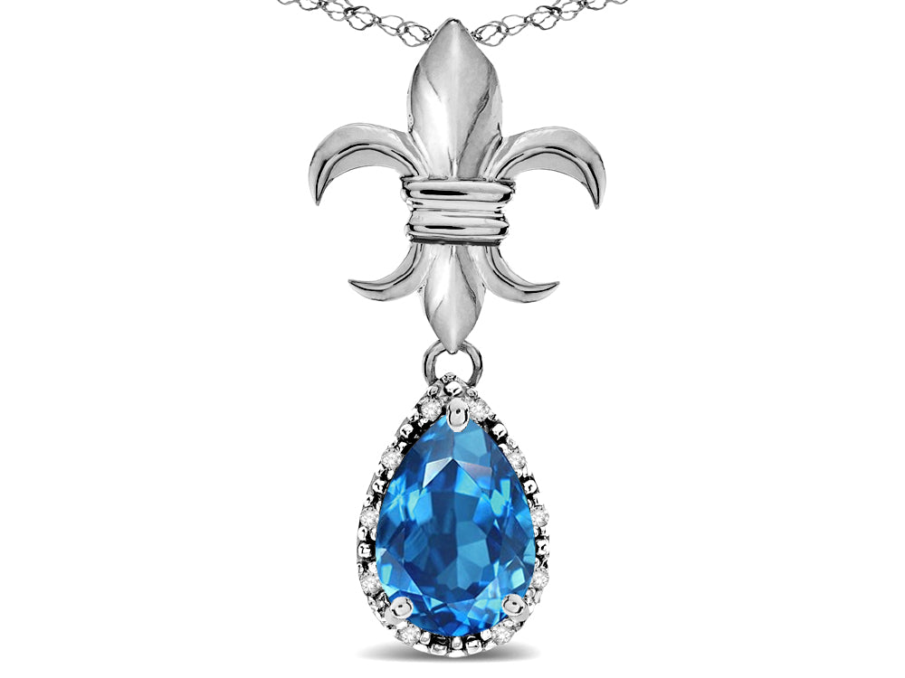 Star K  Pear Shape 8x6mm Genuine Blue Topaz Fleur De Lis Pendant Necklace 10k White Gold