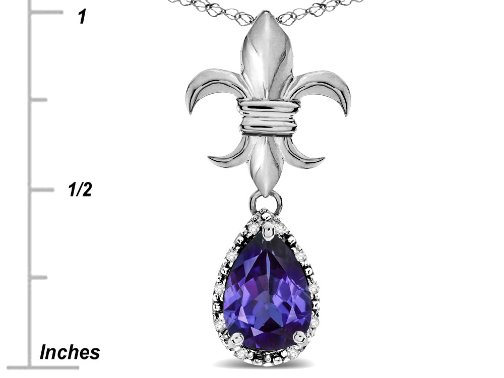 Star K  Pear Shape 8x6mm Genuine Iolite Fleur De Lis Pendant Necklace 10k White Gold