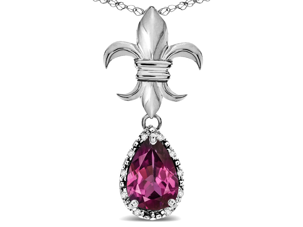 Star K  Pear Shape 8x6mm Genuine Rhodolite Fleur De Lis Pendant Necklace 10k White Gold
