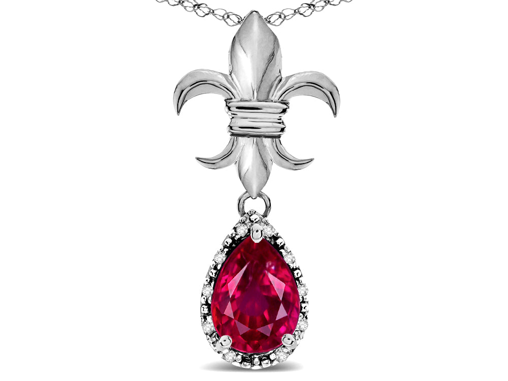 Star K  Pear Shape 8x6mm Created Ruby Fleur De Lis Pendant Necklace 10k White Gold