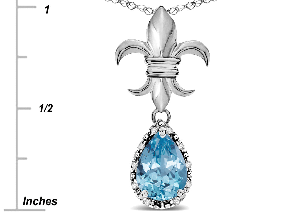 Star K  Pear Shape 8x6mm Simulated Aquamarine Fleur De Lis Pendant Necklace 10k White Gold