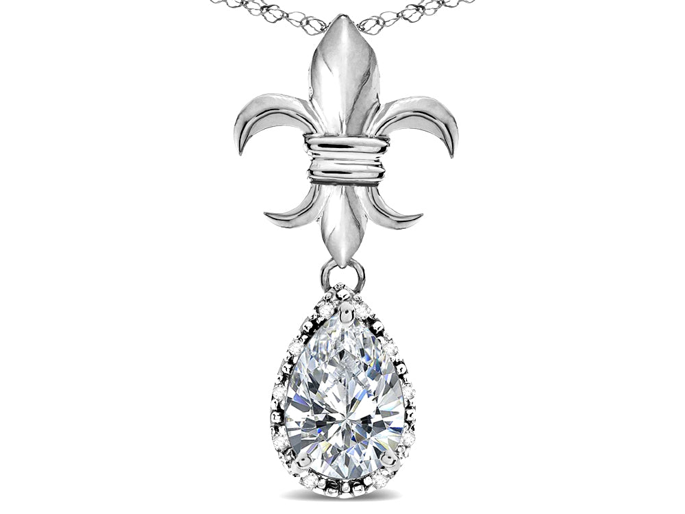 Star K  Pear Shape 8x6mm Genuine White Topaz Fleur De Lis Pendant Necklace 10k White Gold