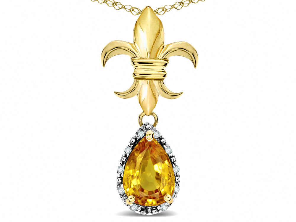 Star K  Pear Shape 8x6mm Genuine Citrine Fleur De Lis Pendant Necklace 10k Yellow Gold