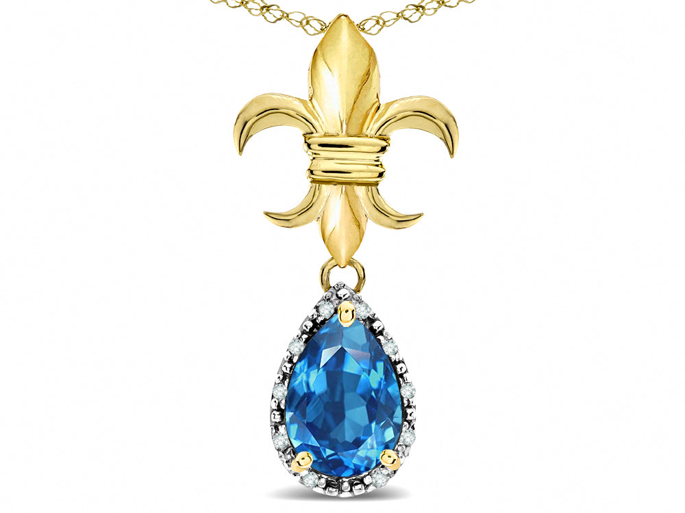 Star K  Pear Shape 8x6mm Genuine Blue Topaz Fleur De Lis Pendant Necklace 10k Yellow Gold