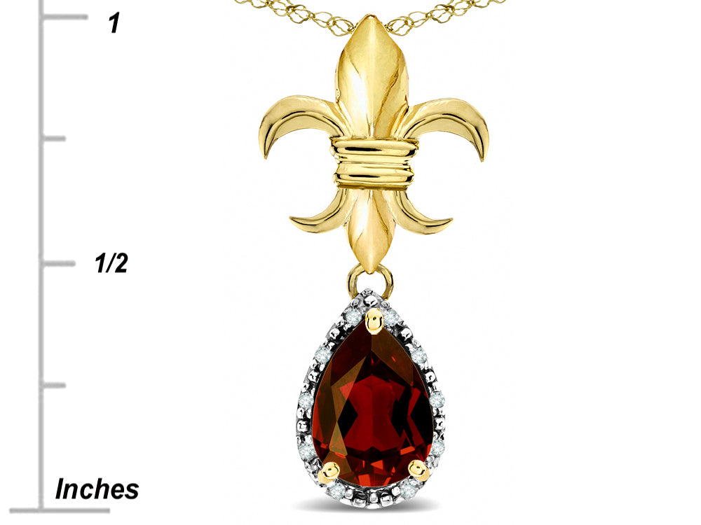Star K  Pear Shape 8x6mm Genuine Garnet Fleur De Lis Pendant Necklace 10k Yellow Gold