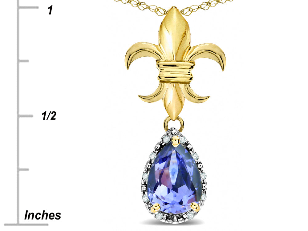 Star K  Pear Shape 8x6mm Genuine Tanzanite Fleur De Lis Pendant Necklace 10k Yellow Gold